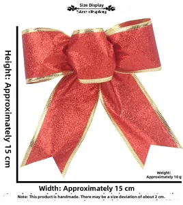 Detailed view of 15cm red and gold glitter Christmas bow with specific dimensions