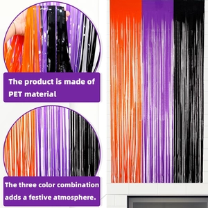 2m Halloween tinsel fringe curtain in black, orange, and purple for party backdrop