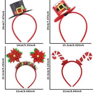 Four-pack Christmas headbands featuring hat, poinsettia, and candy cane designs with dimensions