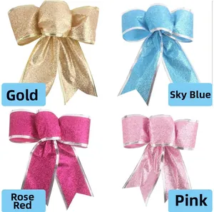 Detailed grid of 15cm glitter bows in gold, sky blue, rose red, and pink colors