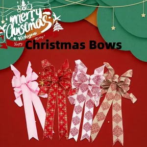 Set of four large handmade Christmas bows with festive red patterns for tree decoration