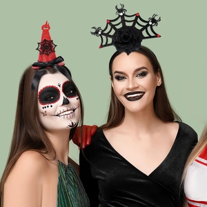 Halloween headband set featuring glitter witch hat and black spider web with roses