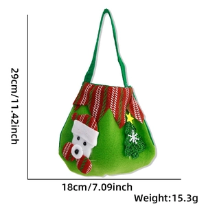 Detailed size view of green felt Christmas gift bag featuring cute bear and sequin tree