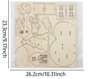 Detail of DIY Christmas wooden snowman puzzle boards with precut elk and snowflake shapes
