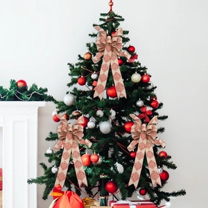 Three-piece large red snowflake print burlap bows for Christmas tree and home decoration