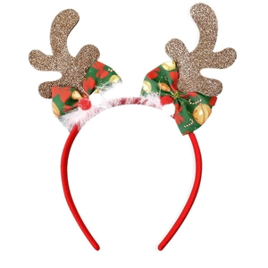 Christmas reindeer antler headband with brown glitter and red festive plaid bows on white background