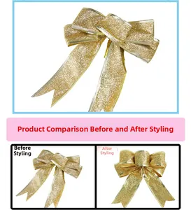 Detail of 15cm gold glitter Christmas bow showing the before and after shaping process