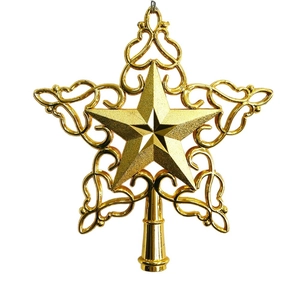 Golden hollow Christmas tree star topper with ornate vine pattern and stable cone base