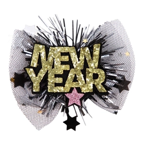 Sparkly New Year headpiece with gold glitter lettering, black mesh bow, and star details