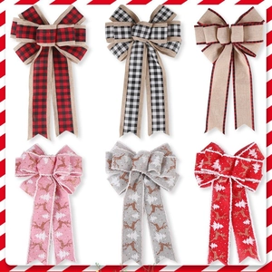 Christmas Burlap Bow Pendant Plaid Ribbon Bow Ornament Reindeer Pine Tree Print Decorative Bow For Tree Party Home Decor