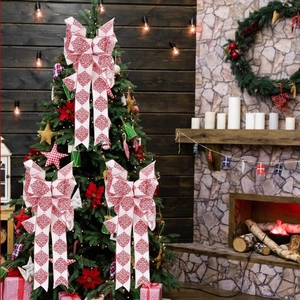 Large red printed Christmas bow topper for Christmas tree decoration set of 3