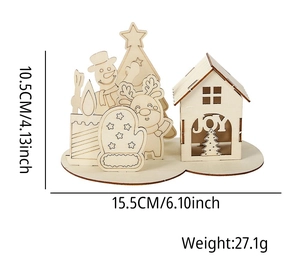 Detail of DIY wooden Christmas puzzle featuring JOY house and reindeer with dimensions
