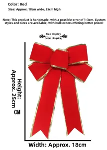 Detail of red velvet Christmas bow with gold edges showing 25cm height and 18cm width