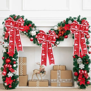 Three-piece red Christmas decorative bows with reindeer and tree patterns for party decor