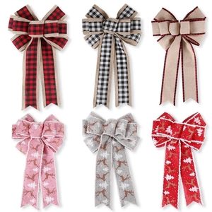6-piece set of assorted Christmas plaid and reindeer burlap bow ornaments for party decor