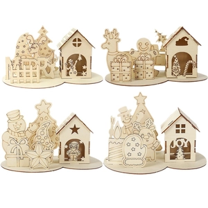 Christmas Wooden DIY Desktop Ornament Cartoon Elk Snowman Tree Cabin Laser Cut Wood Decoration For Holiday Home Office