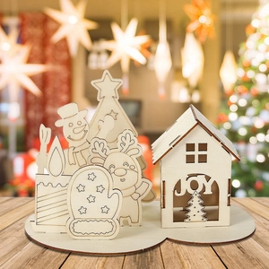 DIY wooden Christmas puzzle featuring reindeer and tree with warm holiday lighting