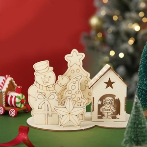 DIY wooden Christmas tabletop puzzle ornaments featuring Santa, reindeer, and star cabin