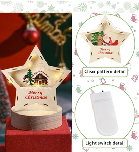 Détail macro d'une étoile de Noël en bois à LED avec motifs bonhomme de neige