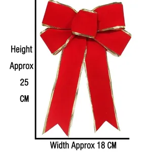 Red velvet Christmas bow with gold edges for tree decoration, 25cm height and 18cm width