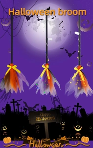 Details vom LED Halloween Hexenbesen mit orange-violettem Netz und gelber Schleife