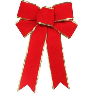 Red velvet Christmas bow with gold trim on a white background for holiday tree decor