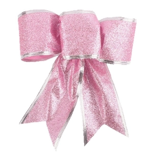 Pink glitter Christmas bow with silver edges for tree decoration and party festive ornaments