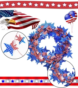 Detail of red white and blue patriotic star tinsel garland with metallic foil texture