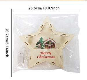 Vue détaillée d'une étoile de Noël en bois avec LED, motif bonhomme de neige et taille