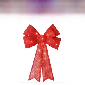 Detailed size parameters of glowing red Christmas bow with LED lights and glitter
