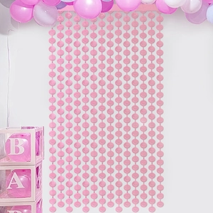 Tenda a frange macaron rosa con smileys e palloncini per decorazione festa di compleanno