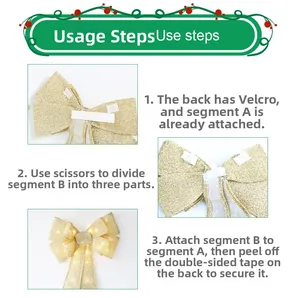 Detailed assembly steps for large golden LED Christmas ribbon bow with adhesive backing