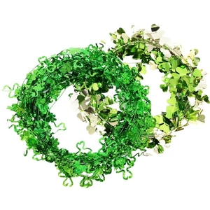 St. Patrick's Day green shamrock tinsel garland with silver sequins for festive decoration