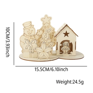 DIY wooden Christmas cabin scene tabletop decoration with snowman and pine trees