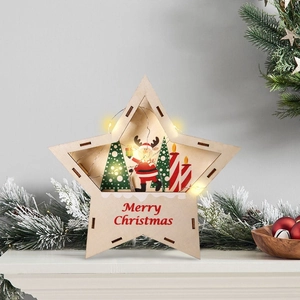 Étoile de Noël Lumineuse en Bois Ornement Lumière LED Élan Bonhomme de Neige Père Noël Décoration de Bureau Fenêtre pour Fête