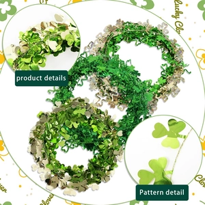 Green St. Patrick's Day shamrock tinsel garland with shiny lucky clover metallic sequins