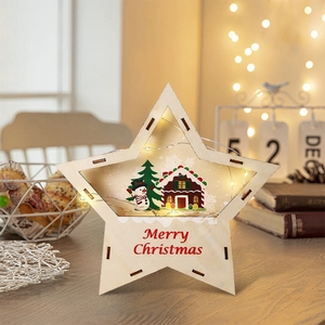 Étoile de Noël en bois 3D avec lumières LED bonhomme de neige et texte Merry Christmas