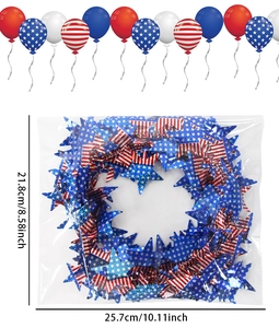 Detail of red white and blue star garland in plastic packaging for USA party decor