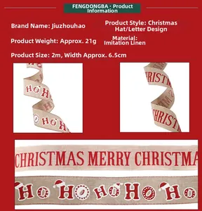 Dettaglio di nastri natalizi in juta da 6,5 cm con stampa Merry Christmas e HO HO HO