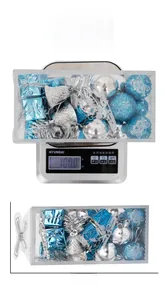 32pcs blue and silver Christmas ornament set in clear packaging with weight and dimensions