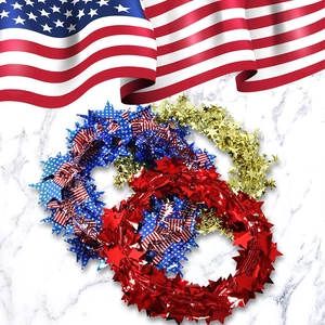 Patriotic Independence Day star tinsel wreaths in red gold and American flag colors
