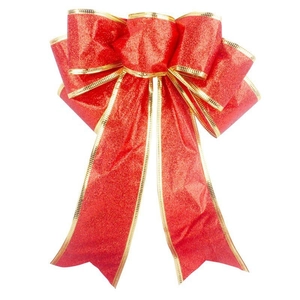 Nœud de Noël pailleté rouge avec bordure dorée pour décoration de sapin