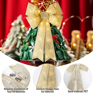 Large golden LED Christmas bow with glitter finish and furry texture for holiday decor