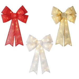 Lighted Christmas bow decorations in red silver and gold with LED lights for tree