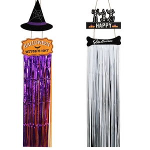Halloween hanging wooden door signs with witch hat, skeleton designs and shiny foil fringe
