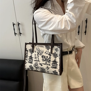 Women's chic tote bag with Chinese landscape print and brown leather straps