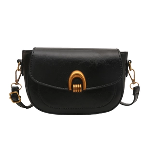 Vintage black saddle bag for women with textured PU leather and gold horseshoe buckle