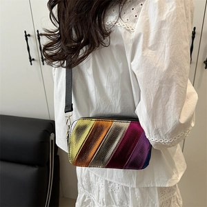 Metallic rainbow striped square crossbody bag with adjustable wide fabric strap