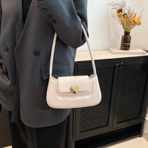 French style white leather underarm bag with gold heart buckle and slim shoulder strap