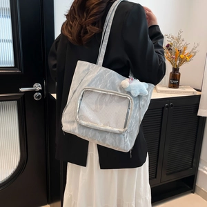 Light blue pleated tote bag for women with mesh window and star plush pendant